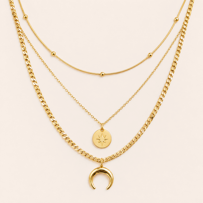 Collier double pendentif lune