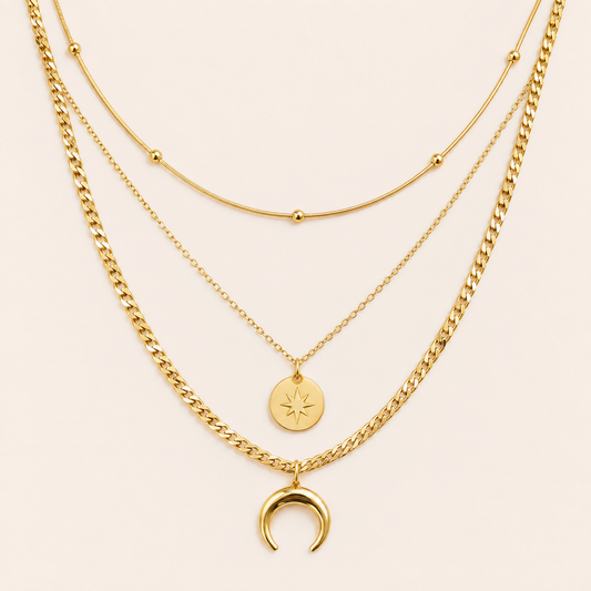 Collier double pendentif lune