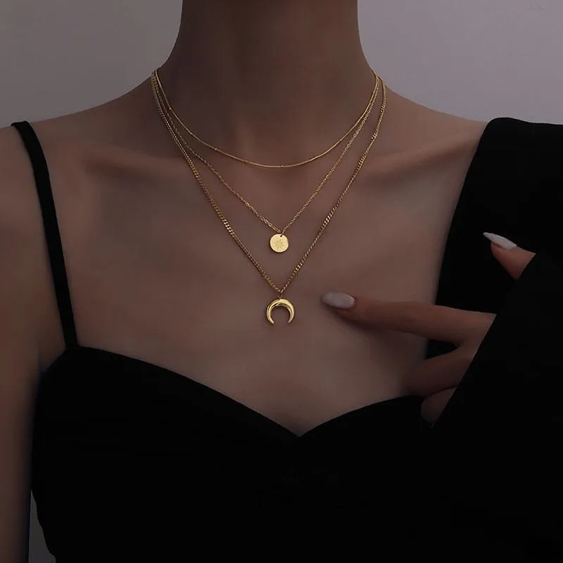 Collier double pendentif lune